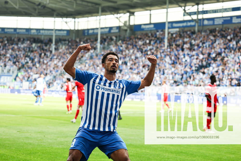 Goal celebration: Scorer Emmanuel Iyoha of 1. FC Magdeburg scores the 3-0 goal in the 2026-2027 Bundesliga season match between 1. FC Magdeburg and 1. FC Kaiserslautern at the Avnet Arena in Magdeburg. Action, soccer, man,Men, Germany