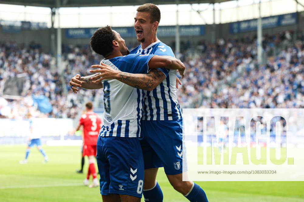 Goal celebration: Scorer Emmanuel Iyoha (1 FC Magdeburg, 8) scores to make it 3–0 with Mateusz Zukowski (1 FC Magdeburg,22 2 German Bundesliga 2026–2027 season: 1 FC Magdeburg vs. 1 FC Kaiserslautern at the Avnet Arena in Magdeburg; action, soccer, man, men, Germany