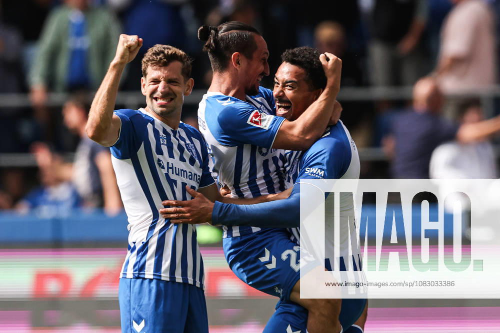 Goal celebration: Goal scorer Emmanuel Iyoha (1 FC Magdeburg, 8) scores the 1-0 goal with Baris Atik (1 FC Magdeburg, 23) and Alexander Nollenberger (1 FC Magdeburg,17, 2026–2027 Bundesliga season: 1 FC Magdeburg vs. 1 FC Kaiserslautern at the Avnet Arena in Magdeburg; action, soccer, man, men, Germany
