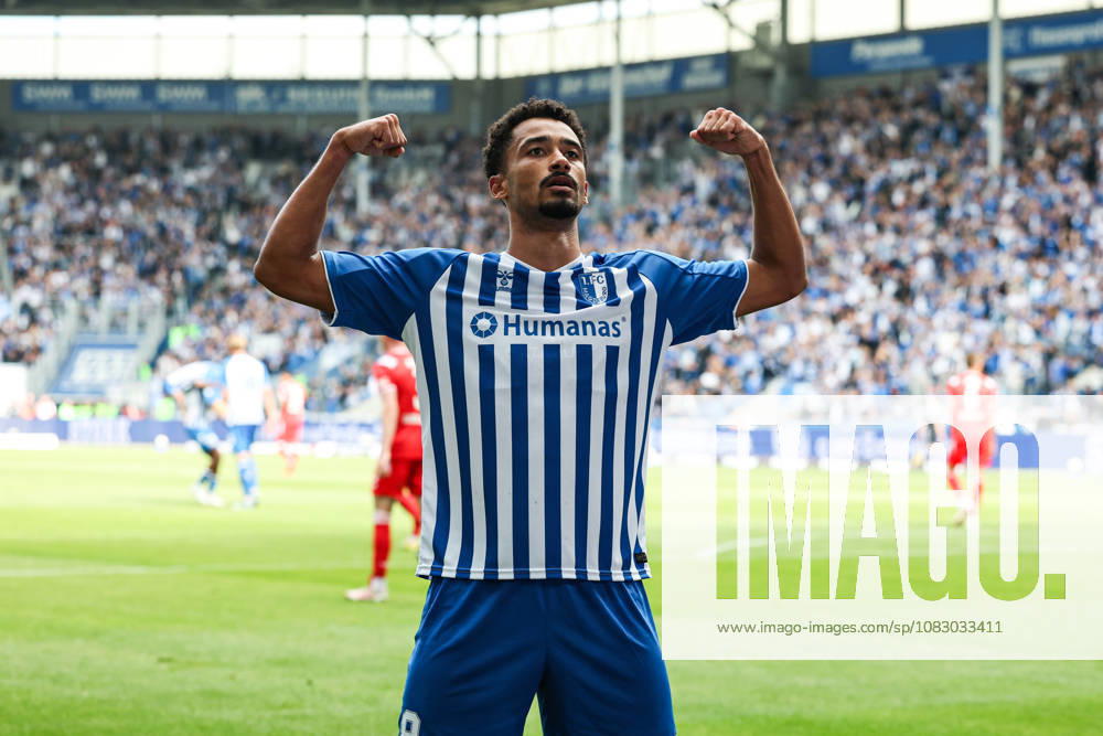 Goal celebration: Goal scorer Emmanuel Iyoha of 1. FC Magdeburg, 8, scores to make it 3-0. 2026-2027 Bundesliga season: 1. FC Magdeburg vs. 1. FC Kaiserslautern at the Avnet Arena in Magdeburg. Action, soccer, man,Men, Germany