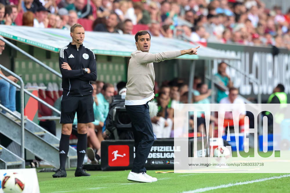 Carles Martinez, head coach of Bayer 04 Leverkusen, gestures, GER, FC Augsburg vs. Bayer 04 Leverkusen, soccer, Bundesliga, Matchday 3, 2026–2027 season, September 12, 2026, DFL and DFB regulations prohibit any use of photographs as image sequences and or quasi-video, GER, FC Augsburg vs. Bayer 04 Leverkusen, soccer, Bundesliga, Matchday 3, 2026–2027 season, September 12, 2026, Augsburg