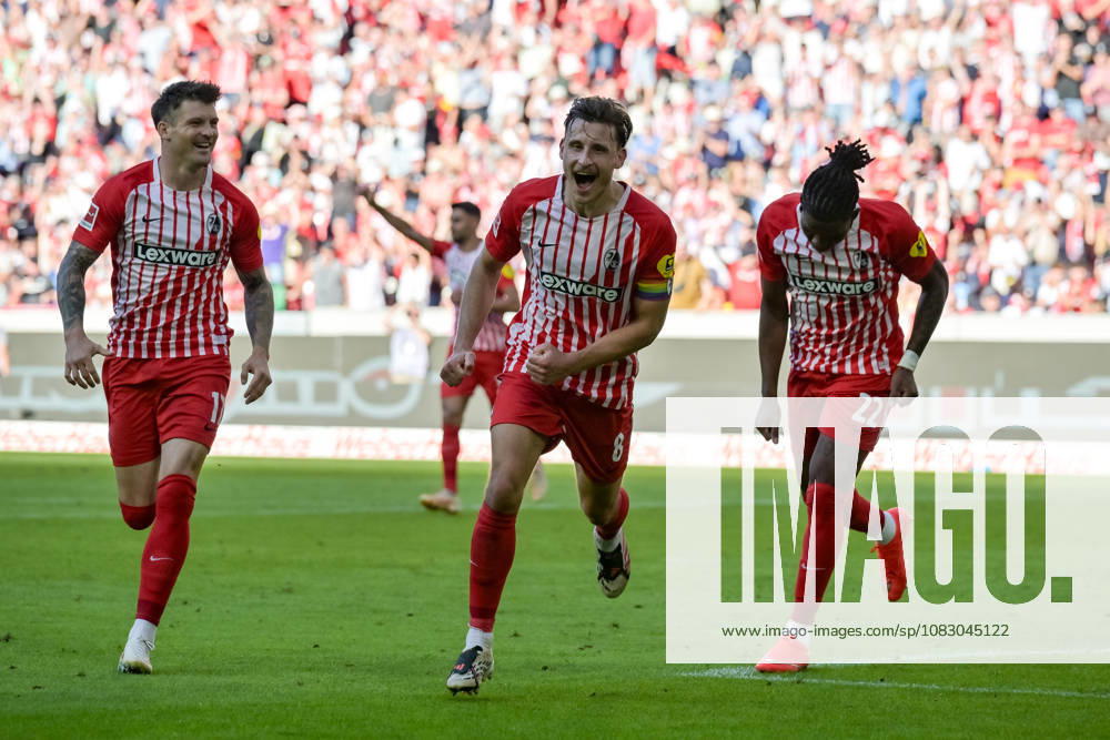 Celebration of the 5-0 goal by Maximilian Eggestein (SC Freiburg, 08) with Lukas Kübler (SC Freiburg, 17), Cyriaque Irie (SC Freiburg), 22 (GER), SC Freiburg vs. Borussia Mönchengladbach, soccer, Bundesliga, Matchday 3, 2026–2027 season, September 12, 2026 DFL DFB regulations prohibit any use of photographs as image sequences and or quasi-video GER, SC Freiburg vs. Bor Moenchengladbach, Soccer, Bundesliga, Matchday 3, 2026–2027 Season, September 12, 2026, Freiburg