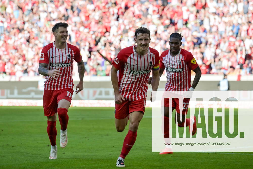 Celebration of the 5-0 goal by Maximilian Eggestein (SC Freiburg, 08) with Lukas Kübler (SC Freiburg, 17), Cyriaque Irie (SC Freiburg), 22 (GER), SC Freiburg vs. Borussia Mönchengladbach, soccer, Bundesliga, Matchday 3, 2026–2027 season, September 12, 2026 DFL DFB regulations prohibit any use of photographs as image sequences and or quasi-video GER, SC Freiburg vs. Bor Moenchengladbach, Soccer, Bundesliga, Matchday 3, 2026–2027 Season, September 12, 2026, Freiburg