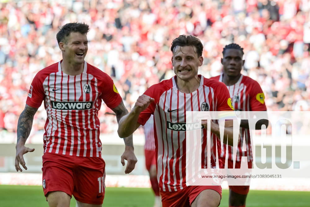 Celebration of the 5-0 goal by Maximilian Eggestein (SC Freiburg, 08) with Lukas Kuebler (SC Freiburg, 17), Germany; SC Freiburg vs. Borussia Mönchengladbach, Soccer, Bundesliga, Matchday 3, 2026–2027 season, September 12, 2026 DFL and DFB regulations prohibit any use of photographs as image sequences and or quasi-video GER, SC Freiburg vs. Borussia Mönchengladbach, Soccer, Bundesliga, Matchday 3, 2026–2027 Season, September 12, 2026, Freiburg