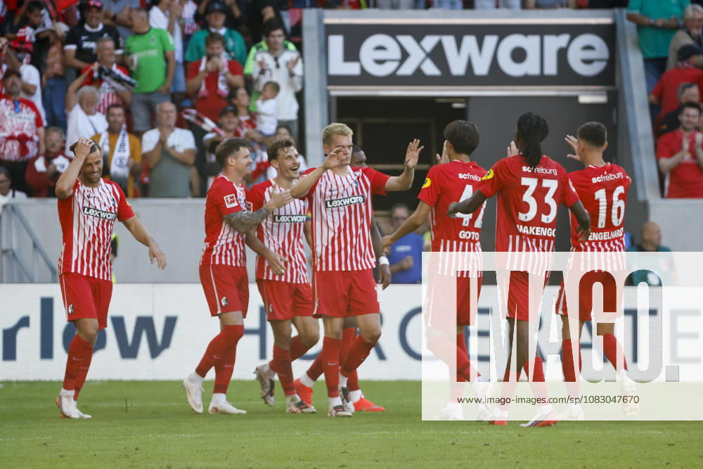 SC Freiburg celebrates Maximilian Eggestein s goal in the 5-0 win; SC Freiburg, 08; joy, excitement, positive emotions, goal, Germany, soccer, Bundesliga 1, Matchday 3, 2026–2027, SC Freiburg vs. Borussia Mönchengladbach, September 12, 2026, Freiburg im Breisgau, Europa-Park Stadium, Germany