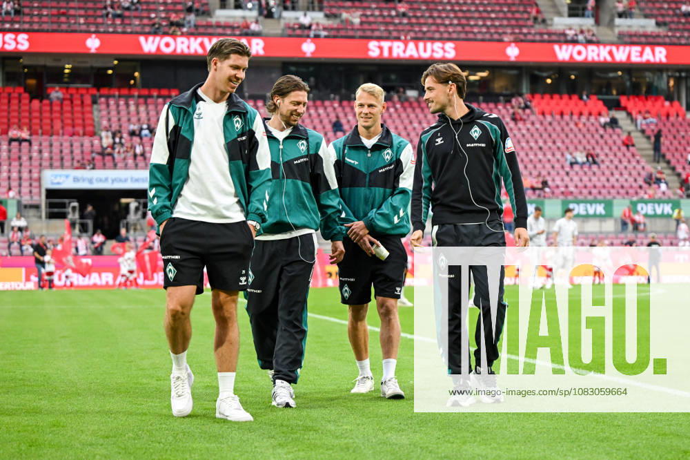 GER, Soccer, Men s, 1. Bundesliga, 2026–2027 Season, Matchday 3, 1. FC Köln vs. SV Werder Bremen Cedric Itten (Werder Bremen), 26, Mitchell Weiser (Werder Bremen), 08, Marco Grüll, Werder Bremen, 17, Olivier Deman, Werder Bremen, 02. DFB and DFL regulations prohibit any use of photographs as image sequences and or quasi-video. Cologne Rhein Energie Stadium, North Rhine-Westphalia, Germany