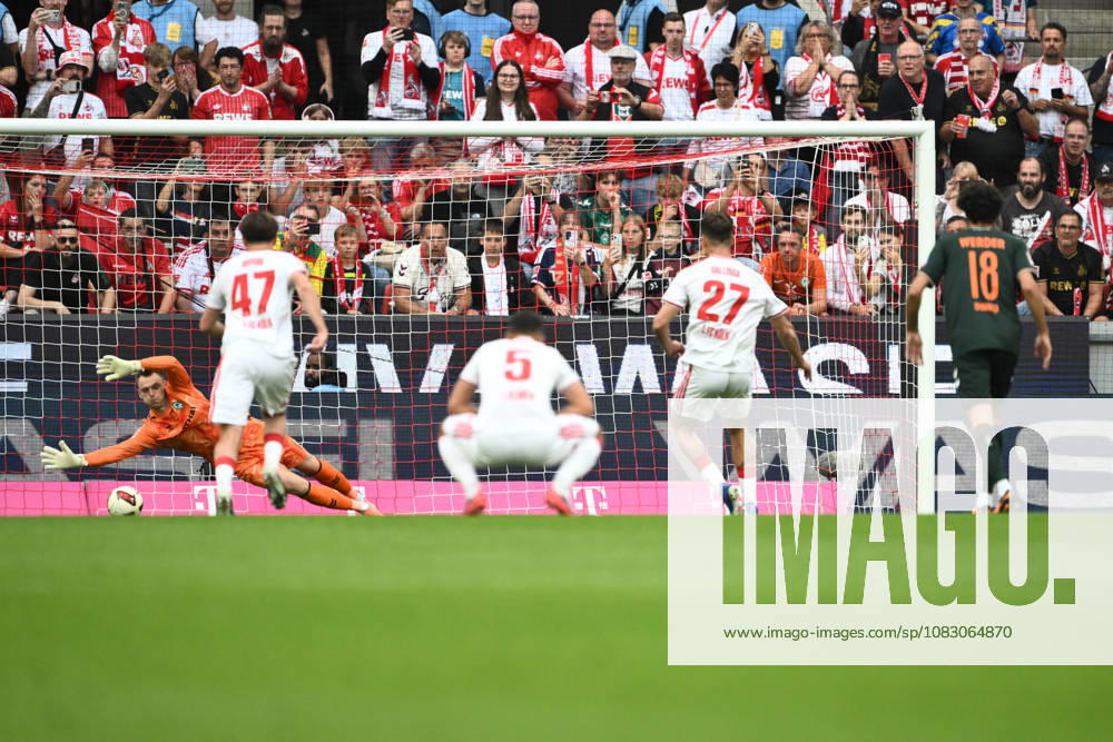 GER, Soccer, Men s, 1. Bundesliga, 2026–2027 season, Matchday 3, 1. FC Köln vs. SV Werder Bremen; Karl Hein (Werder Bremen), 01 saves the penalty; prior to that, Mikey Moore (1. FC Köln), 47, Tom Krauß (1. FC Köln), 05, Thijs Dallinga (FC Köln, 27). DFB and DFL regulations prohibit any use of photographs as image sequences and or quasi-video. Köln Rhein Energie Stadion, NRW, Germany