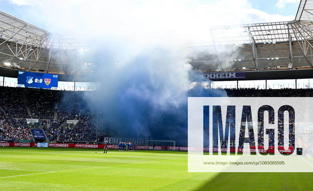 SNP Arena, Sinsheim, GER, 1. Bundesliga, TSG Hoffenheim vs. VfB Stuttgart, blue smoke rising from the Hoffenheim fan section. DFL regulations prohibit any use of photographs as image sequences and or quasi-video. Photo by Hasan Bratic, DeFodi Images