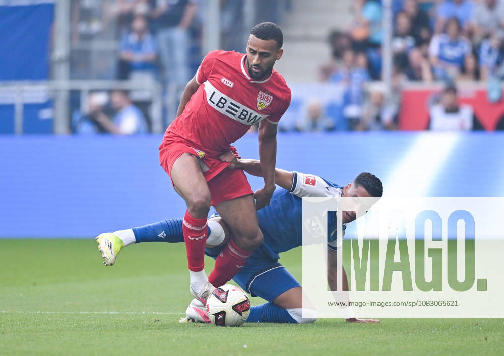 SNP Arena, Sinsheim, GER, 1. Bundesliga, TSG Hoffenheim vs. VfB Stuttgart, Josha Vagnoman (Stuttgart), Adam Daghim (Hoffenheim). DFL regulations prohibit any use of photographs as image sequences and or quasi-video. Photo by Hasan Bratic, DeFodi Images