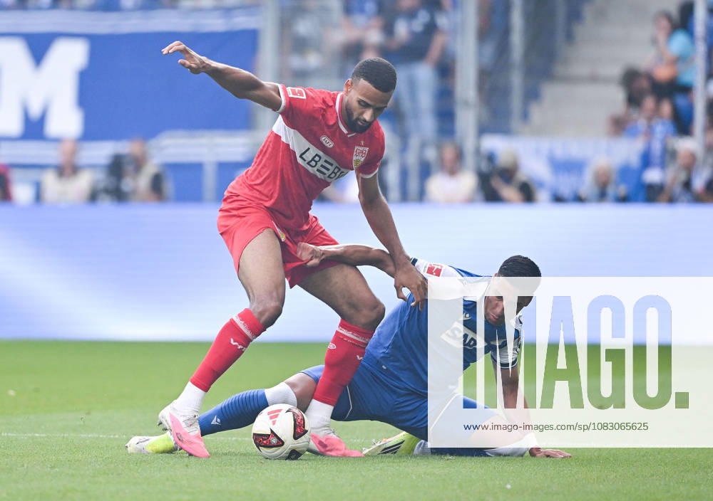 SNP Arena, Sinsheim, GER, 1. Bundesliga, TSG Hoffenheim vs. VfB Stuttgart, Josha Vagnoman (Stuttgart), Adam Daghim (Hoffenheim). DFL regulations prohibit any use of photographs as image sequences and or quasi-video. Photo by Hasan Bratic, DeFodi Images