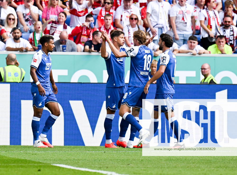 SNP Arena, Sinsheim, GER, 1. Bundesliga, TSG Hoffenheim vs. VfB Stuttgart, Adam Hlozek; Hoffenheim celebrates his goal to make it 1–0. DFL regulations prohibit any use of photographs as image sequences and or quasi-video. Photo by Hasan Bratic, DeFodi Images