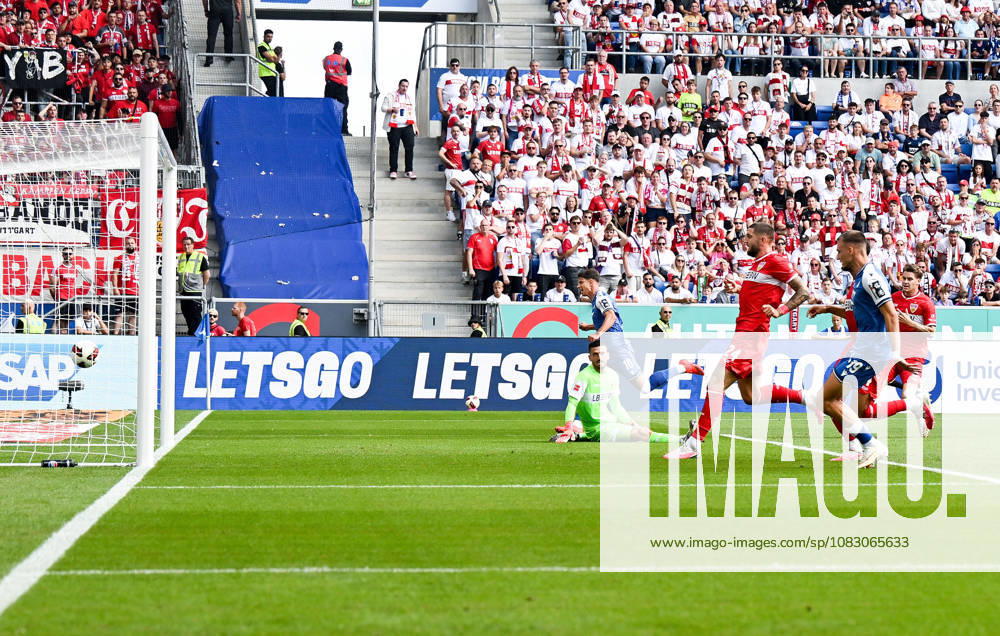 SNP Arena, Sinsheim, GER, 1. Bundesliga, TSG Hoffenheim vs. VfB Stuttgart, Adam Hlozek of Hoffenheim scores the goal to make it 1–0. DFL regulations prohibit any use of photographs as image sequences and or quasi-video. Photo by Hasan Bratic, DeFodi Images