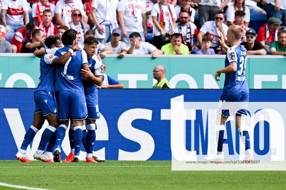SNP Arena, Sinsheim, GER, 1. Bundesliga, TSG Hoffenheim vs. VfB Stuttgart, Adam Hlozek; Hoffenheim celebrates his goal to make it 1–0. DFL regulations prohibit any use of photographs as image sequences and or quasi-video. Photo by Hasan Bratic, DeFodi Images