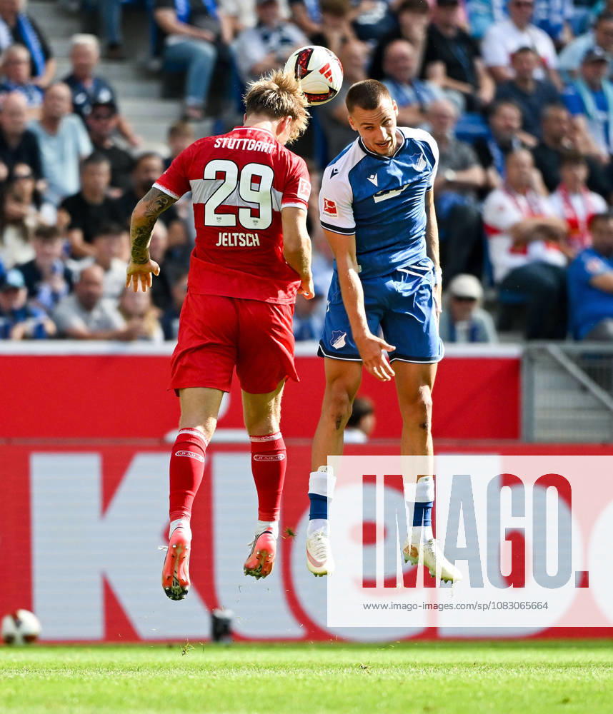SNP Arena, Sinsheim, GER, 1. Bundesliga, TSG Hoffenheim vs. VfB Stuttgart, Finn Jeltsch (Stuttgart), Tim Lemperle (Hoffenheim). DFL regulations prohibit any use of photographs as image sequences and or quasi-video. Photo by Hasan Bratic, DeFodi Images