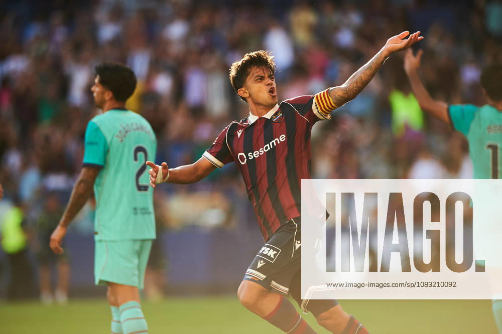 Roger Brugue of Levante UD celebrates after scoring his team s second goal during the LaLiga EA Sports match between Levante UD and FC Barcelona at Estadi Ciutat de Valencia on September 13, 2026, in Valencia, Spain