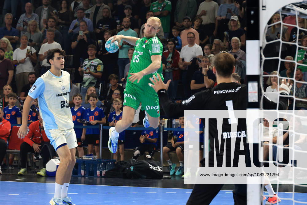 GER Germany, Handball, 1st Bundesliga, August 27, 2026, 2026–2027 Season, Berlin, Fuechse Berlin vs. Gummersbach, Matthes Langhoff (Fuechse Berlin 25), Ignacio Biosca (VfL Gummersbach 1), Nikola Roganovic (VfL Gummersbach 23), nordphoto GmbH, Engler Berlin, Max Schmeling Halle, Berlin, Germany