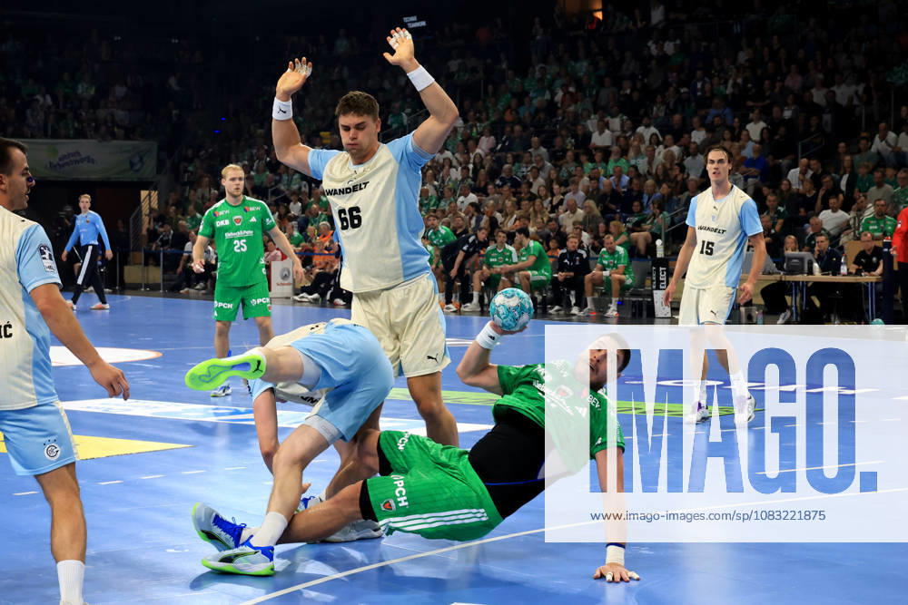 GER Germany, Handball, 1st Bundesliga, August 27, 2026, 2026–2027 season, Berlin, Fuechse Berlin vs. Gummersbach Mijajlo Marsenic Fuechse Berlin 93, STEPAN ZEMAN VfL Gummersbach 66, ELLIDI VIDARSSON VfL Gummersbach 4 nordphoto GmbH Engler Berlin Max Schmeling Halle Berlin Germany
