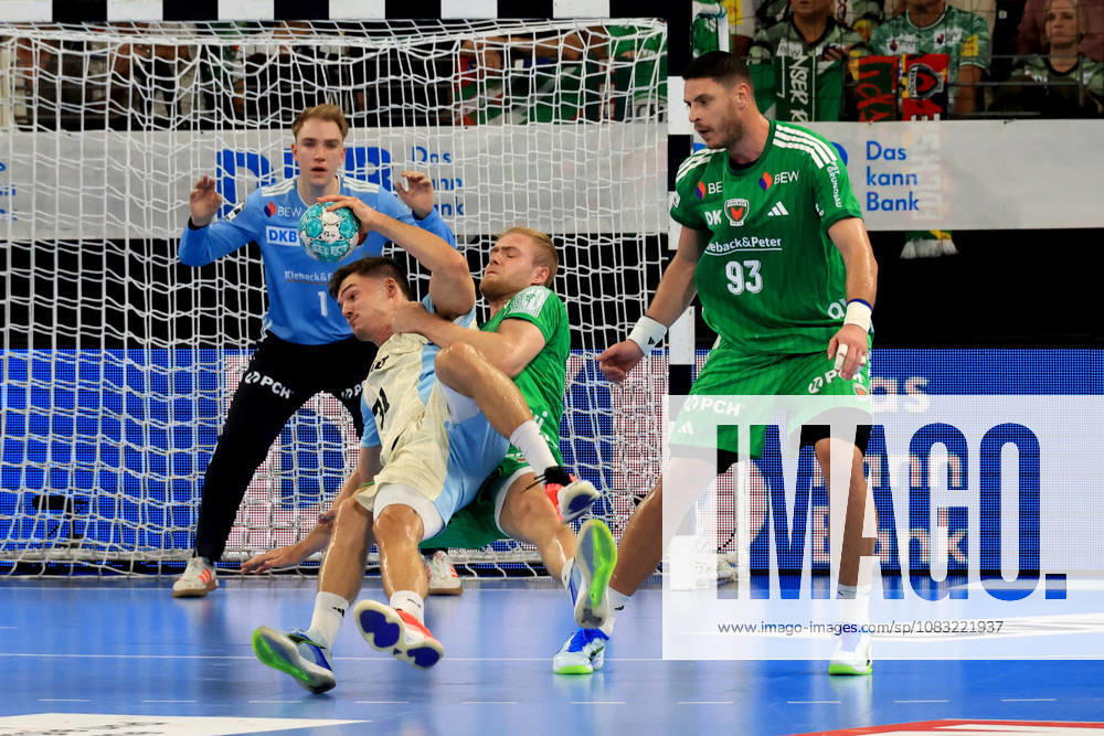 GER Germany, Handball, 1st Bundesliga, August 27, 2026, 2026–2027 season, Berlin, Fuechse Berlin vs. Gummersbach, Lasse Ludwig (Fuechse Berlin 1), g25, Mijajlo Marsenic (Fuechse Berlin 93), Kay Smits (VfL Gummersbach 31), nordphoto GmbH, Engler Berlin, Max Schmeling Halle, Berlin, Germany