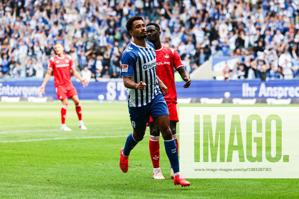 Goal celebration: Goal scorer Emmanuel Iyoha of 1. FC Magdeburg (8) scores to make it 3–0. 2026–2027 Bundesliga season, 1. FC Magdeburg vs. 1. FC Kaiserslautern at the Avnet Arena in Magdeburg. Action, soccer, man,Men, Germany