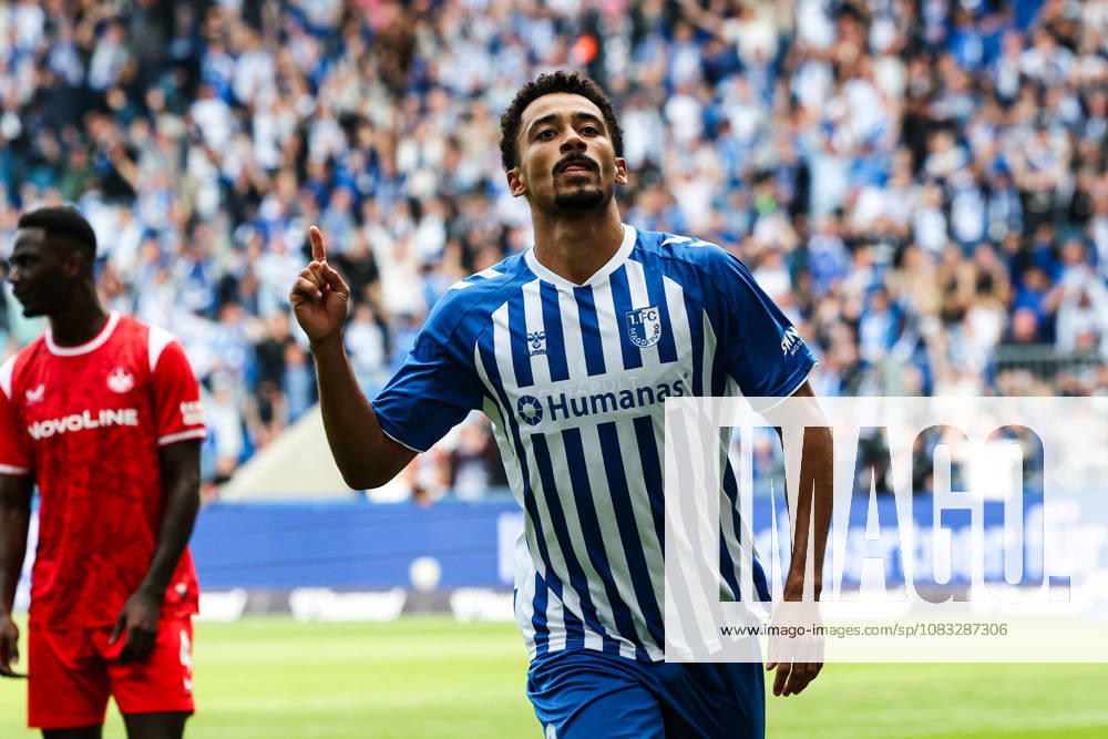 Goal celebration: Goal scorer Emmanuel Iyoha of 1. FC Magdeburg (8) scores to make it 3–0. 2026–2027 Bundesliga season, 1. FC Magdeburg vs. 1. FC Kaiserslautern at the Avnet Arena in Magdeburg. Action, soccer, man,Men, Germany