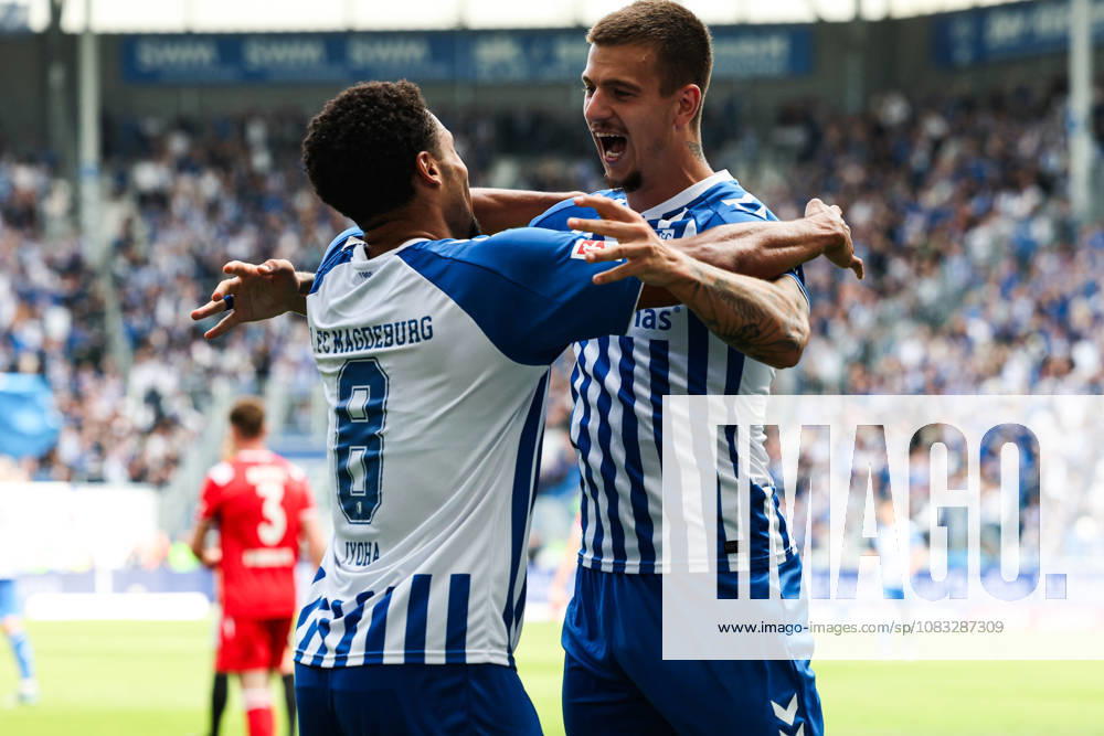 Goal celebration: Goal scorer Emmanuel Iyoha (1 FC Magdeburg, No. 8) scores to make it 3–0, assisted by Mateusz Zukowski (1 FC Magdeburg,22 2 German Bundesliga 2026–2027 season: 1 FC Magdeburg vs. 1 FC Kaiserslautern at the Avnet Arena in Magdeburg; action, soccer, man, men, Germany