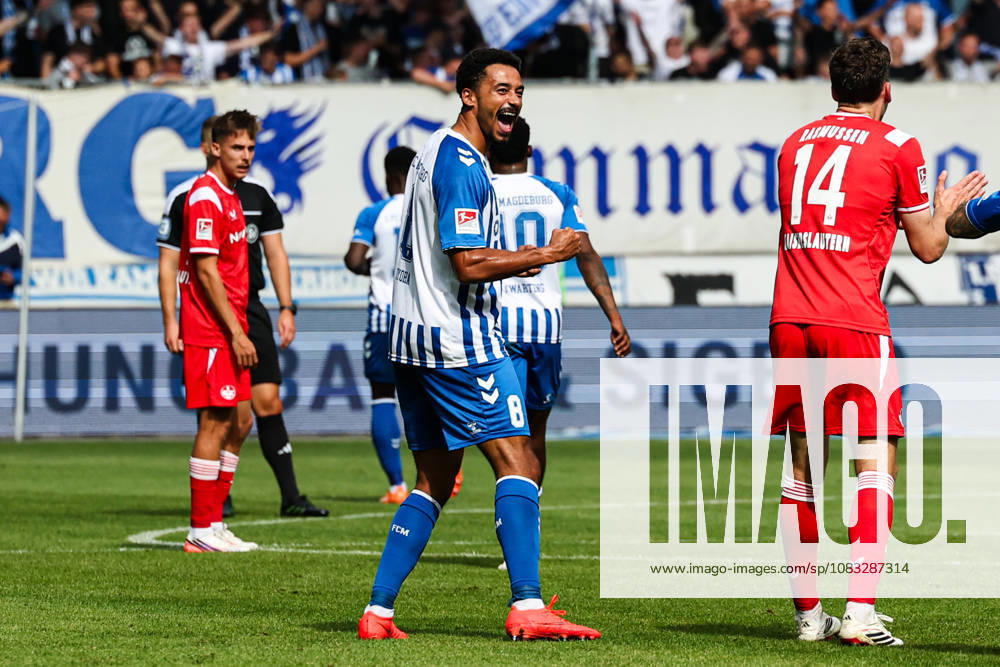 Goal celebration: Goal scorer Emmanuel Iyoha of 1. FC Magdeburg (8) scores to make it 3–0. 2026–2027 Bundesliga season: 1. FC Magdeburg vs. 1. FC Kaiserslautern at the Avnet Arena in Magdeburg. Action, soccer, man,Men, Germany