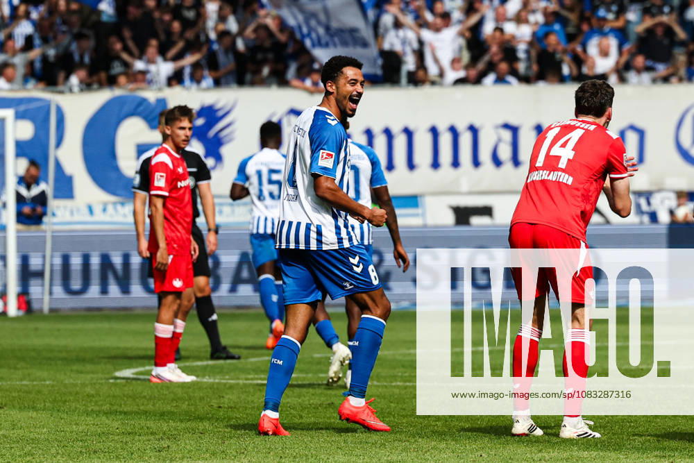 Goal celebration: Goal scorer Emmanuel Iyoha of 1. FC Magdeburg (8) scores to make it 3–0. 2026–2027 Bundesliga season: 1. FC Magdeburg vs. 1. FC Kaiserslautern at the Avnet Arena in Magdeburg. Action, soccer, man,Men, Germany