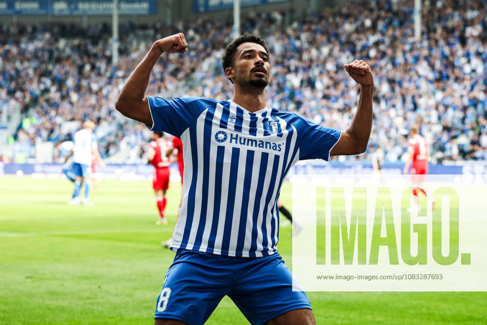 Goal celebration: Scorer Emmanuel Iyoha of 1. FC Magdeburg, No. 8, scores to make it 3–0. 2026–2027 Bundesliga Season: 1. FC Magdeburg vs. 1. FC Kaiserslautern at the Avnet Arena in Magdeburg. Action, soccer, man,Men, Germany
