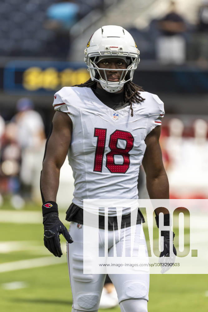 Arizona Cardinals wide receiver Marvin Harrison Jr. (18) warms up before an NFL, American Football Herren, USA football game against Los Angeles Chargers, in Inglewood, Calif. on Sunday 13, 2026. Inglewood USA - ZUMAc68_ 20260913_zaf_c68_090