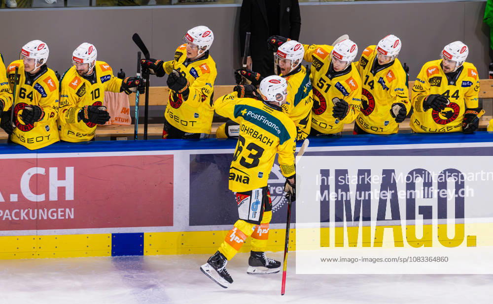 Ice Hockey National League Regular Season: ZSC Lions vs. SC Bern, Zurich, Switzerland, September 15, 2026, 6:63 minute mark—Dario Rohrbach of Bern celebrates in front of the players bench after scoring the 0–1 goal for SC Bern