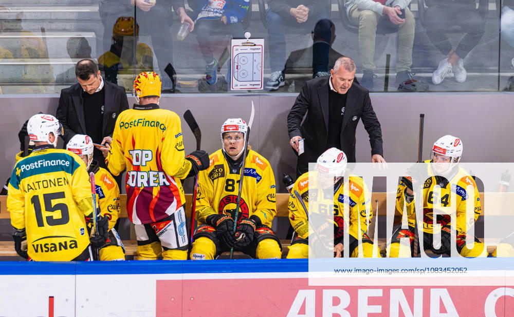 Ice Hockey National League Regular Season: ZSC Lions vs. SC Bern, Zurich, Switzerland, September 15, 2026. SC Bern head coach Serge Aubin on the players bench. In front of him are No. 15 Miro Aaltonen, top scorer Waltteri Merelä, No. 81 Rodrigo Abols, No. 66 Sony Milano, and No. 64 Mats Alge
