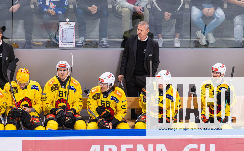 Ice Hockey National League Regular Season: ZSC Lions vs. SC Bern, Zurich, Switzerland, September 15, 2026. SC Bern head coach Serge Aubin on the players bench. In front of him are top scorer Waltteri Merelä, No. 81 Rodrigo Abols, No. 66 Sony Milano, No. 64 Mats Alge, and No. 10 Tristan Scherwey
