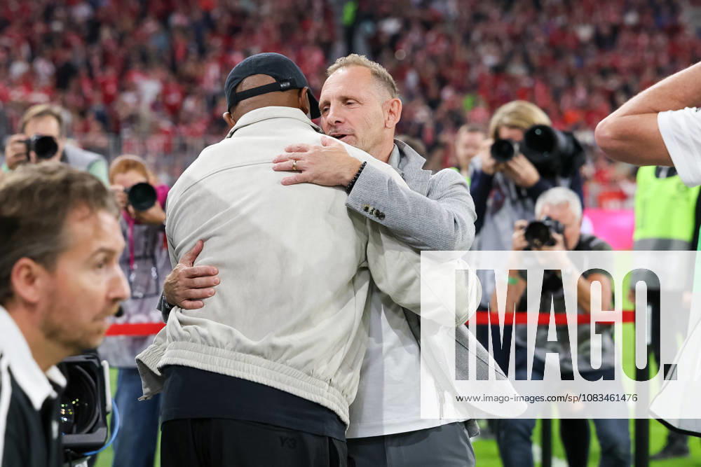 Mauro Lustrinelli of 1. FC Union Berlin, head coach, with Vincent Kompany of FC Bayern Munich, head coach, before the game, GER, FC Bayern Munich vs. 1. FC Union Berlin, soccer, Bundesliga, Matchday 4, 2026–2027 season, September 18, 2026, DFL and DFB regulations prohibit any use of photographs as image sequences and or quasi-video, GER, FC Bayern Munich vs. 1. FC Union Berlin, soccer, Bundesliga, Matchday 4, 2026–2027 season, September 18, 2026, Munich
