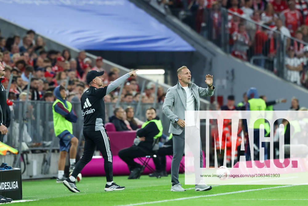 Mauro Lustrinelli of 1. FC Union Berlin, head coach, gesturing, with Sebastian Boenig of 1. FC Union Berlin, assistant coach, GER, FC Bayern Munich vs. 1. FC Union Berlin, soccer, Bundesliga, Matchday 4, 2026–2027 season, September 18, 2026, DFL and DFB regulations prohibit any use of photographs as image sequences and or quasi-video, GER, FC Bayern Munich vs. 1 FC Union Berlin, soccer, Bundesliga, Matchday 4, 2026–2027 season, September 18, 2026, Munich