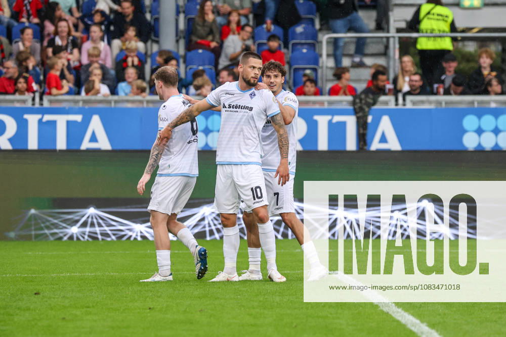 Julian Ulbricht, SV Waldhof Mannheim, 10—scorer of the 0–1 goal; goal and goal celebration; gestures; joy; emotions; Joey Müller, SV Waldhof Mannheim, 6; Lovis Bierschenk, SV Waldhof Mannheim, 7; Soccer 3rd Division, Matchday 5, SV Wehen Wiesbaden vs. SV Waldhof Mannheim on September 13, 2026, at BRITA Arena Wiesbaden, Germany; BRITA Arena Wiesbaden, Germany