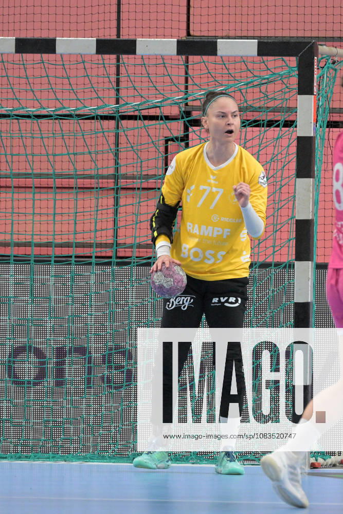 Sara Suba of TusSies Metzingen, No. 77 in goal, celebrates after making a save. TusSies Metzingen vs. Thueringer HC, Handball, Alsco HBF, Matchday 4, 2026–2027 Season, September 19, 2026: TusSies Metzingen vs. Thueringer HC, Handball, Alsco HBF, Matchday 4, 2026–2027 Season, September 19, 2026, Tübingen