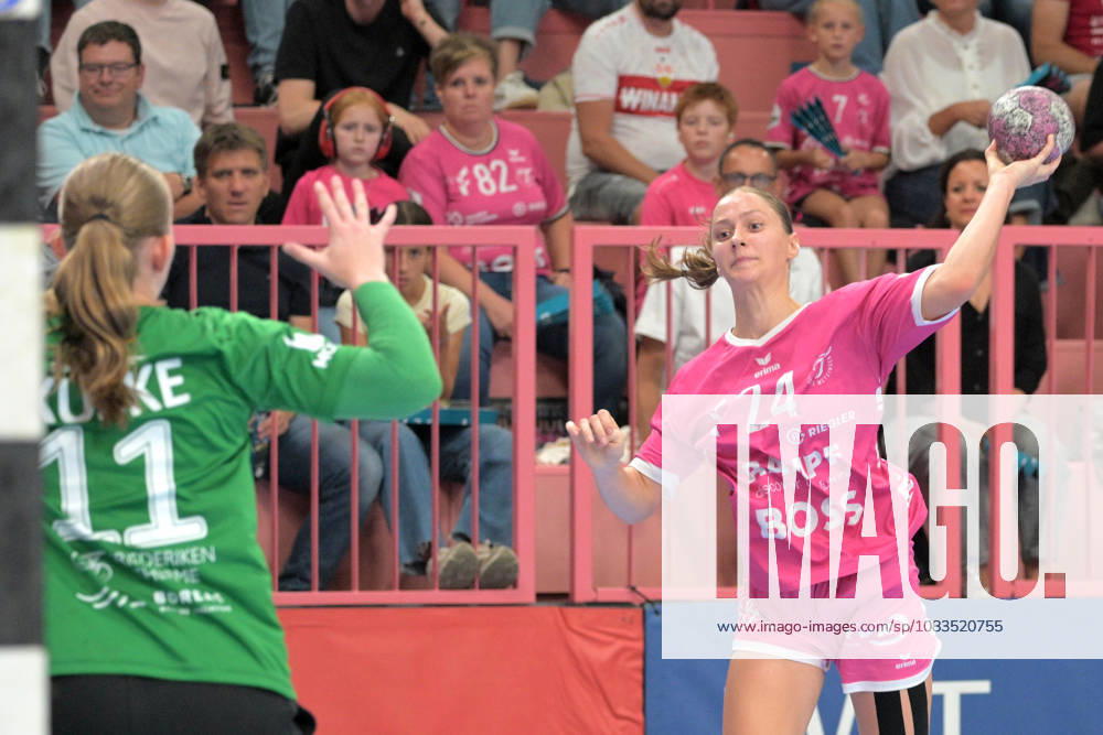 Marie Luisa Stumpf of TusSies Metzingen, 24, taking a shot on goal against Laura Kuske of Thueringer HC, 11, in goal; TusSies Metzingen vs. Thueringer HC, handball, Alsco HBF, Matchday 4, 2026–2027 season, September 19, 2026, TusSies Metzingen vs. Thueringer HC, Handball, Alsco HBF, Matchday 4, 2026–2027 season, September 19, 2026, Tübingen