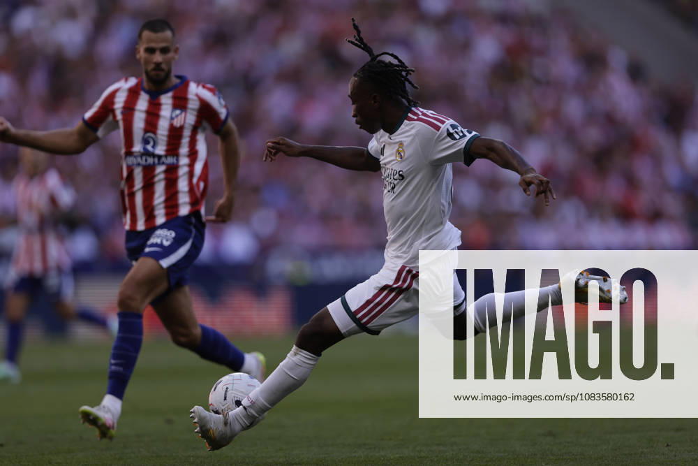 Yan Diomande of Real Madrid CF takes a shot during the LaLiga EA Sports match between Club Atlético de Madrid and Real Madrid CF at Riyadh Air Metropolitano on September 20, 2026, in Madrid, Spain. Photo by Manu Reino, DeFodi Images