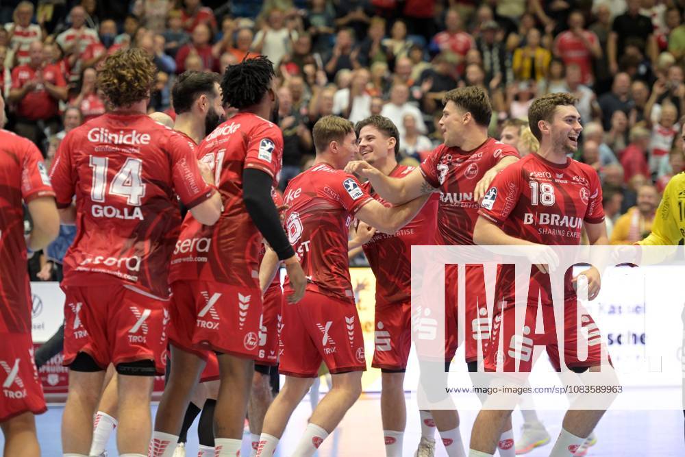 Celebrations and joy after the victory: Johannes Golla (MT Melsungen 14), Aaron Mensing (MT Melsungen 33 M), Florian Drosten (MT Melsungen 18 R), GER, MT Melsungen vs. SC Magdeburg, Handball, 1st Bundesliga, Matchday 5, 2026–2027 season, September 20, 2026, GER, MT Melsungen vs. SC Magdeburg, Handball, 1st Bundesliga, Matchday 5, 2026–2027 season, September 20, 2026, Kassel