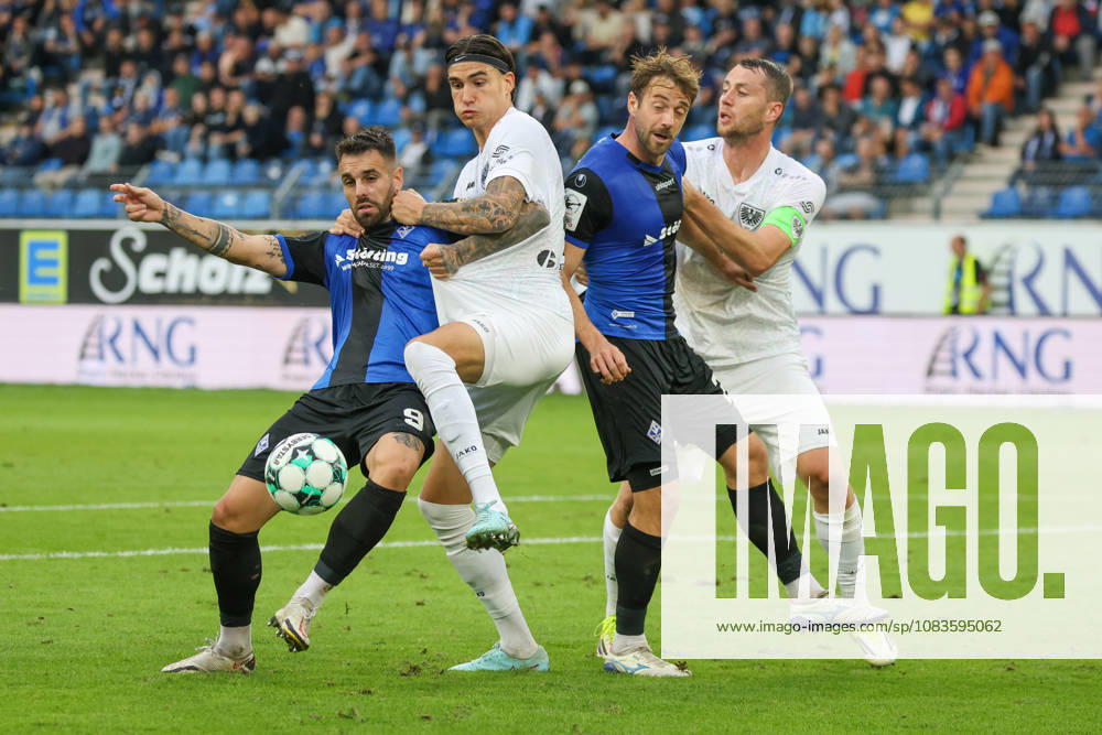 From left: Goncalo Gregorio (SV Waldhof Mannheim, 9), Antonio Tikvic (SC Preußen Münster, 4), Lukas Klünter (SV Waldhof Mannheim, 24), Torge Paetow (SC Preußen Münster, 16), penalty area action in the 3. Liga, Matchday 7, SV Waldhof Mannheim vs. SC Preußen Münster on September 20, 2026, at the Carl Benz Stadium in Mannheim, Germany, 2026; Franz Reindel, Mannheim, Carl Benz Stadium, Germany
