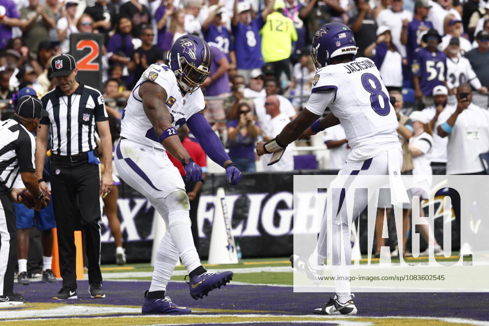 Baltimore Ravens running back Derrick Henry (22) celebrates his rushing touchdown with quarterback Lamar Jackson (8) during the first half of an NFL, American Football Herren, USA game against the New Orleans Saints. Sep 20, 2026; Baltimore, MD, USA; at M&T Bank Stadium. New Orleans won 24-17. Mandatory Credit: -Cal Media NFL 2026: Saints Vs Ravens SEP 20 - ZUMAc04_ 20260920_zma_c04_085