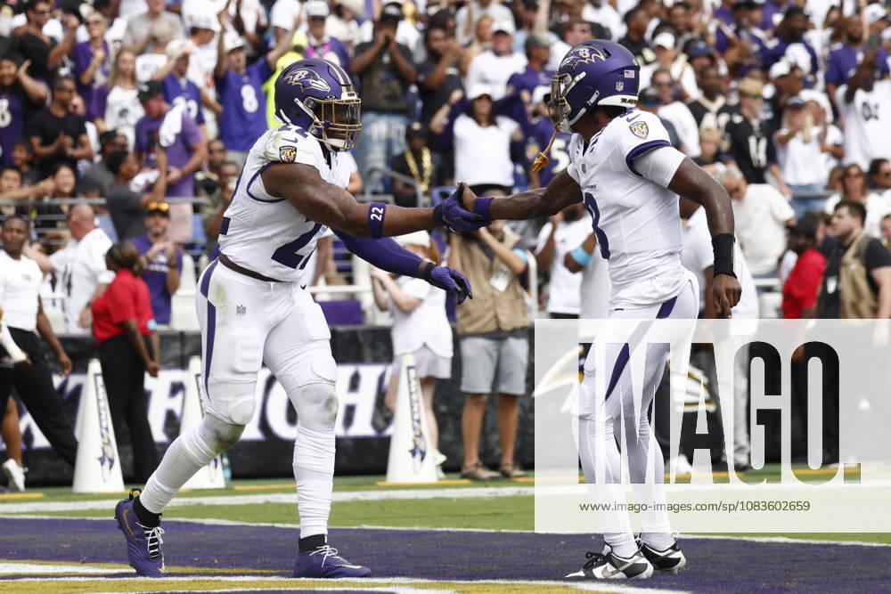 Baltimore Ravens running back Derrick Henry (22) celebrates his rushing touchdown with quarterback Lamar Jackson (8) during the first half of an NFL, American Football Herren, USA game against the New Orleans Saints. Sep 20, 2026; Baltimore, MD, USA; at M&T Bank Stadium. New Orleans won 24-17. Mandatory Credit: -Cal Media NFL 2026: Saints Vs Ravens SEP 20 - ZUMAc04_ 20260920_zma_c04_089