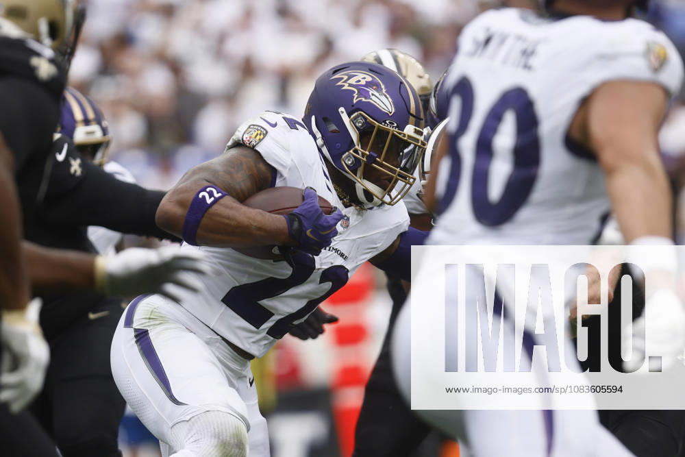 Baltimore Ravens running back Derrick Henry (22) runs the football during an NFL, American Football Herren, USA game against the New Orleans Saints. Sep 20, 2026; Baltimore, MD, USA; at M&T Bank Stadium. New Orleans won 24-17. Mandatory Credit: -Cal Media NFL 2026: Saints Vs Ravens SEP 20 - ZUMAc04_ 20260920_zma_c04_193