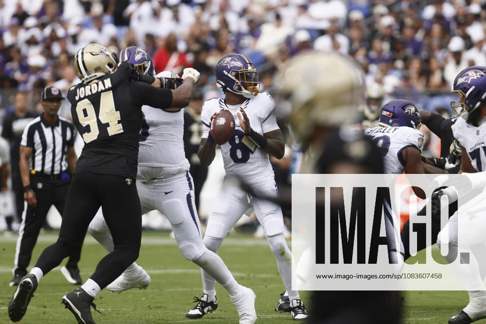 Baltimore Ravens quarterback Lamar Jackson (8) looks to pass during an NFL, American Football Herren, USA game against the New Orleans Saints. Sep 20, 2026; Baltimore, MD, USA; at M&T Bank Stadium. New Orleans won 24-17. Mandatory Credit: -Cal Media NFL 2026: Saints Vs Ravens SEP 20 - ZUMAc04_ 20260920_zma_c04_208