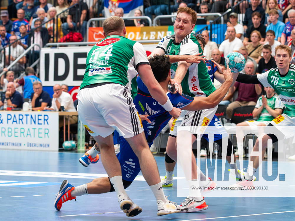 Justus Fischer, TSV Hannover Burgdorf 54, Yonatan Dayan, HBW Balingen Weilstetten 34, Lukas Stutzke, TSV Hannover Burgdorf 39, HBW Balingen Weilstetten vs. TSV Hannover Burgdorf, Handball, DHB Cup, Round 2, 2026–2027 Season, September 23, 2026, HBW Balingen Weilstetten vs. TSV Hannover Burgdorf, Handball, DHB Cup, Round 2, 2026–2027 Season, September 23, 2026, Balingen