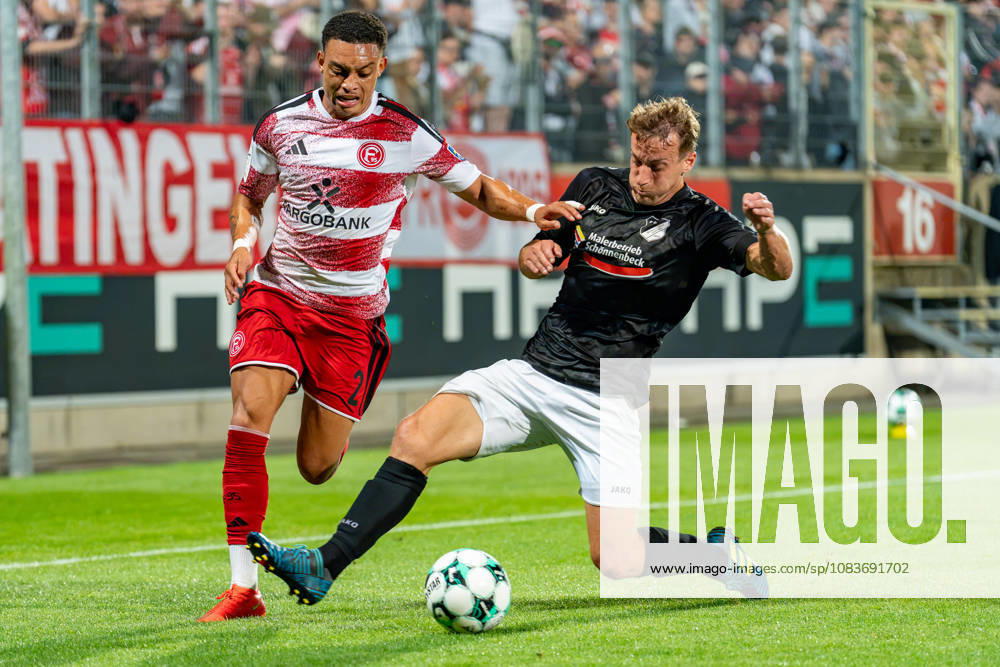 Steven van der Sloot (Fortuna Düsseldorf), 02, in a tackle with Danny Alkenbach (Schwarz Weiss 09 36 Oberhausen Alstaden), 07 Fortuna Düsseldorf vs. Schwarz Weiss Alstaden, Soccer, Lower Rhine Cup, 2nd Round, 2026–27 Season, September 23, 2026, DFL regulations prohibit any use of photographs as image sequences and or quasi-video. Fortuna Düsseldorf vs. Schwarz Weiss Alstaden, soccer, Lower Rhine Cup, 2nd round, 2026–27 season, September 23, 2026, Düsseldorf