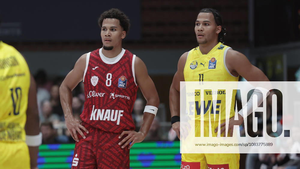 Pictured from left: Brandon Tischler of the Würzburg Baskets, No. 8, and Nicholas Tischler of the EWE Baskets Oldenburg, September 25, 2026, Fitness First Würzburg Baskets vs. EWE Baskets Oldenburg, easyCredit BBL, Matchday 2, Germany, 97072, tectake Arena Würzburg,