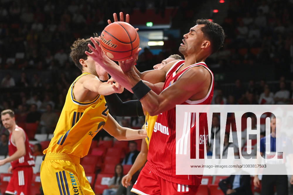 Johannes THIEMANN (FCB), in action, battling for the ball against Nevio BENNEFELD (Alba Berlin) in a BBL basketball game, 2026–2027 season: FC Bayern Munich vs. Alba Berlin on September 26, 2026, at BMW Park