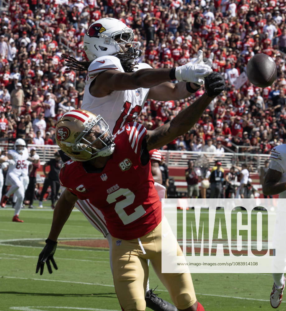 Arizona Cardinals wide receiver Marvin Harrison Jr. (18) commits offensive pass interference against San Francisco 49ers cornerback Deommodore Lenoir (2) in the first quarter at Levi s Stadium in Santa Clara, California on Sunday, September 27, 2026. SXP2026092702 TerryxSchmitt