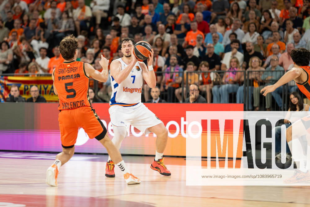 EuroLeague Round 2 match between Valencia Basket and of Kosner Baskonia Vitoria Gasteiz Rodions Kurucs of Kosner Baskonia Vitoria Gasteiz seen in action during the EuroLeague Round 2 match between Valencia Basket and of Kosner Baskonia Vitoria Gasteiz at Roig Arena , (Valencia ) on September 29, 2025.